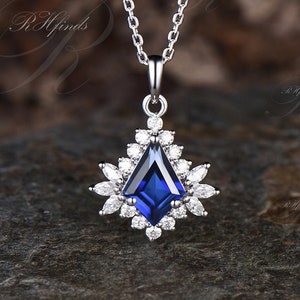 Kite Cut Blue Sapphire Necklace Delicate September Birthstone Blue Sapphire Pendant Minimalist Moissanite Diamond Halo Necklace Jewelry Gift