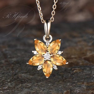 Minimalist Pear Cut Natural Citrine Necklace Unique November Birthstone Halo Pendant Dainty 14k Yellow Gold Star Necklace Celestial Jewelry