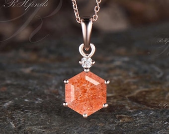 Minimalist Hexagon Cut Natural Sunstone Necklace Unique 14k Solid Rose Gold Moissanite Two Stone Necklace Delicate Orange Gemstone Pendant