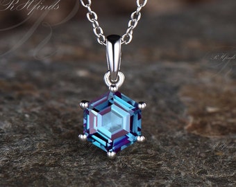 Unique Hexagon Cut Alexandrite Necklace Dainty Minimalist Necklace June Birthstone Color Change Alexandrite Pendant Custom Solitaire Pendant
