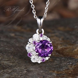 Dainty 1ct Round Cut Natural Amethyst Necklace Unique Moissanite Cluster Moon Pendant Minimalist February Birthstone Purple Crystal Necklace
