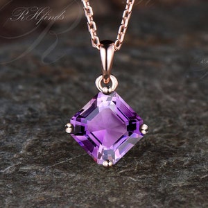 Minimalist Asscher Cut Natural Amethyst Solitaire Necklace Unique 14k Rose Gold Purple Crystal Pendant February Birthstone Birthday Gift