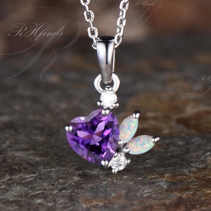 Dainty Heart Shaped Natural Amethyst Necklace Unique Moissanite Opal Cluster Pendant February Birthstone Purple Crystal Five Stone Necklace