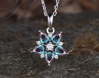 Art Deco Pear Cut June Birthstone Alexandrite Necklace Delicate Moissanite Halo Pendant Dainty 14k White Gold Star Necklace Birthday Gift