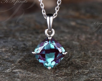 Unique 8x8mm Cushion Cut Alexandrite Pendant Necklace 14k White Gold June Birthstone Alexandrite Solitaire Necklace Birthday Gift For Women