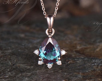 Teardrop Alexandrite Necklace Art Deco Moissanite June Birthstone Pendant Minimalist 14k Rose Gold 925 Sterling Silver Birthday Necklace