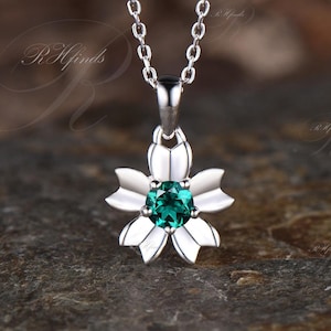 Minimalist Round Cut Emerald Wedding Necklace Unique Sakura Cherry Blossom Pendant Dainty Nature Inspired Solitaire Necklace Promise Gift