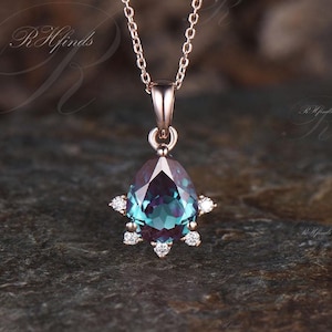 Teardrop Alexandrite Necklace Art Deco Moissanite June Birthstone Pendant Minimalist 14k Rose Gold 925 Sterling Silver Birthday Necklace