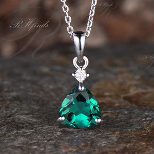 Delicate Trillion Cut May Birthstone Emerald Necklace Unique 14k White Gold Two Stone Pendant Minimalist Green Gemstone Birthday Necklace