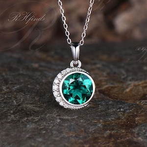 Delicate Round Cut Emerald Necklace Unique Bezel Setting Moissanite Moon Pendant Art Deco 14k White Gold May Birthstone Emerald Pendant