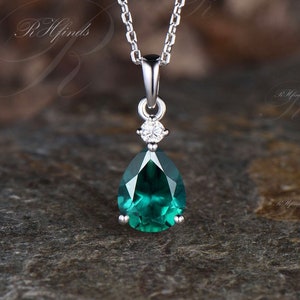 Minimalist Pear Cut May Birthstone Emerald Necklace Delicate 14k White Gold Moissanite Two Stone Pendant Art Deco Engagement Necklace Women