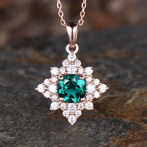 Delicate Round Cut Emerald Necklace Minimalist Moissanite Halo Pendant Art Deco May Birthstone Green Gemstone Necklace Gift For Her
