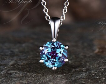 Delicate Round Cut Alexandrite Necklace Unique June Birthstone Color Change Alexandrite Solitaire Pendant Art Deco Custom Birthday Gift