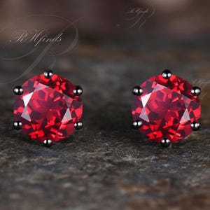 Vintage Round Cut Ruby Stud Earrings Art Deco Red Gemstone July Birthstone Solitaire Earrings Unique Black Gold Pierced Earrings Women