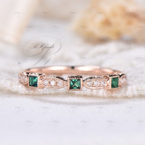 Princess Cut Emerald Moissanites Wedding Band 14K Rose Gold Half Eternity Band Dainty Engagment Ring May Birthstone Ring Gifts for Her