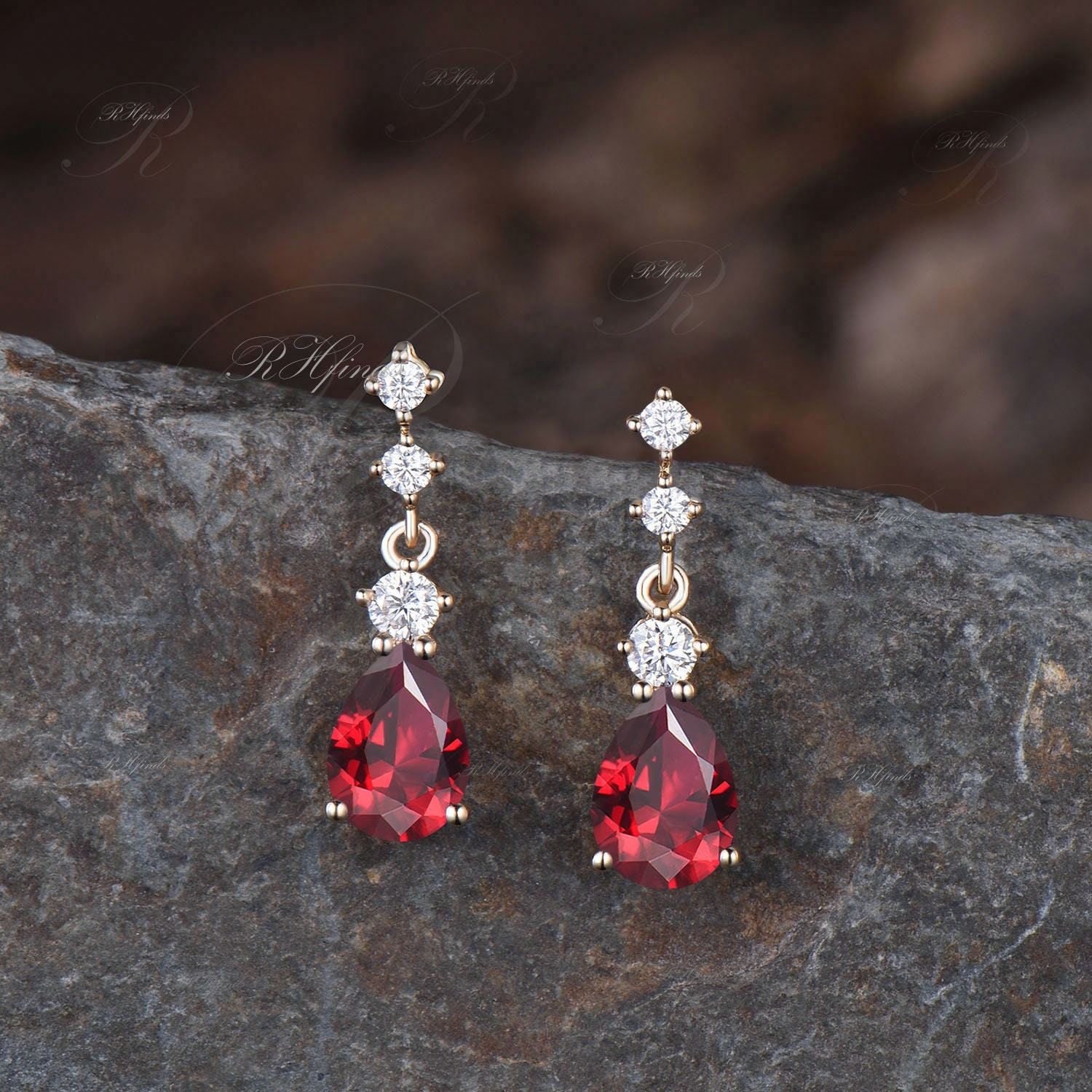 Vintage July Birthstone Teardrop Ruby Drop Earrings Unique Moissanite Four Stone Dangle Earrings 14k Yellow Gold Red Gemstone Ruby Earrings