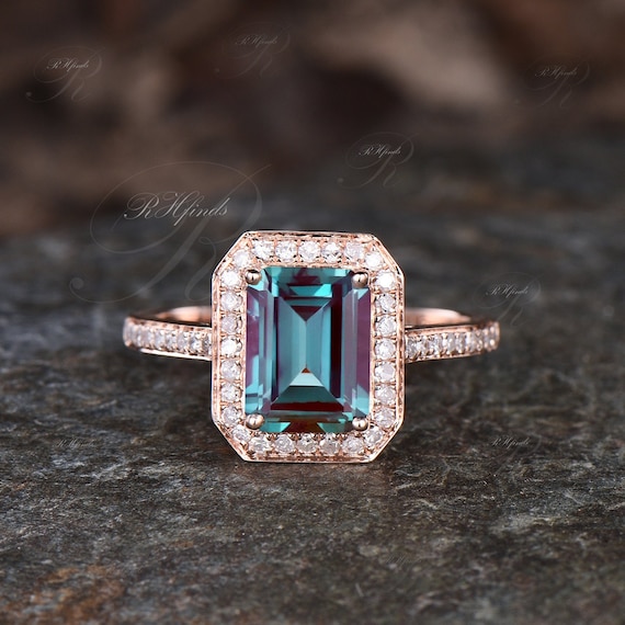 Emerald Cut Alexandrite Engagement Ring June Birthstone Color Change Alexandrite Ring Diamond Moissanite Halo Half Eternity Ring Custom Gift Etsy
