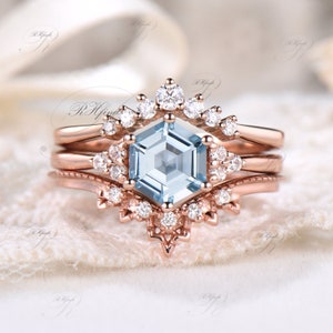 Vintage Hexagon Cut Natural Aquamarine Engagement Ring Set Unique Round Moissanite March Birthstone Wedding Bridal Ring Art Deco Custom Gift