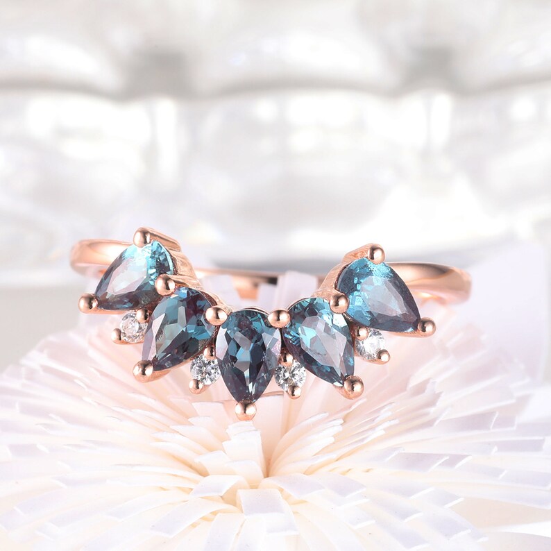 Matching band Curved wedding ring Alexandrite diamond ring Vintage Women Jewelry Unique Stacking ring Alexandrite wedding band