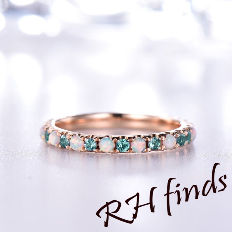 Opal Wedding Band Art Deco Alexandrite Bridal Wedding Band Full Eternity Wedding Band Color Changed Stones in 14K Rose Gold Birthstone Ring