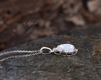 Minimalist Pear Cut White Opal Necklace Unique October Birthstone