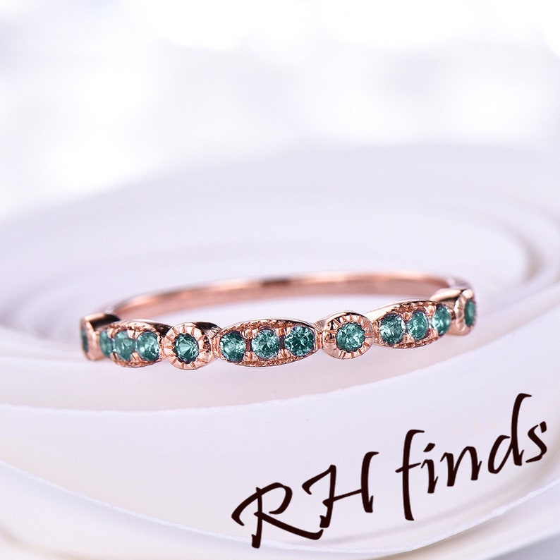 Alexandrite Wedding Band Art Deco Wedding Band Color Changed Stones in 14K Rose Gold