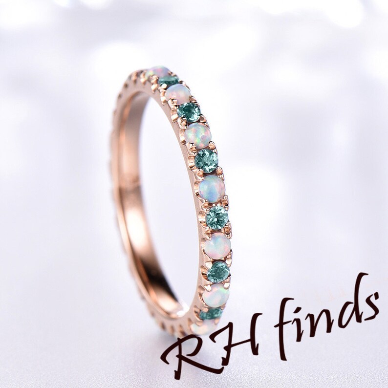 Opal Wedding Band Art Deco Alexandrite Bridal Wedding Band Full Eternity Wedding Band Color Changed Stones in 14K Rose Gold Birthstone Ring
