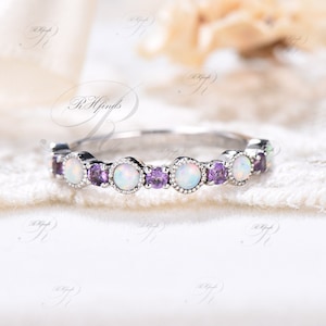 Opal Wedding Band White Gold Half Eternity Amethyst Band October Birthstone Jewelry Art Deco Matching Band Anniversary Gift for Her