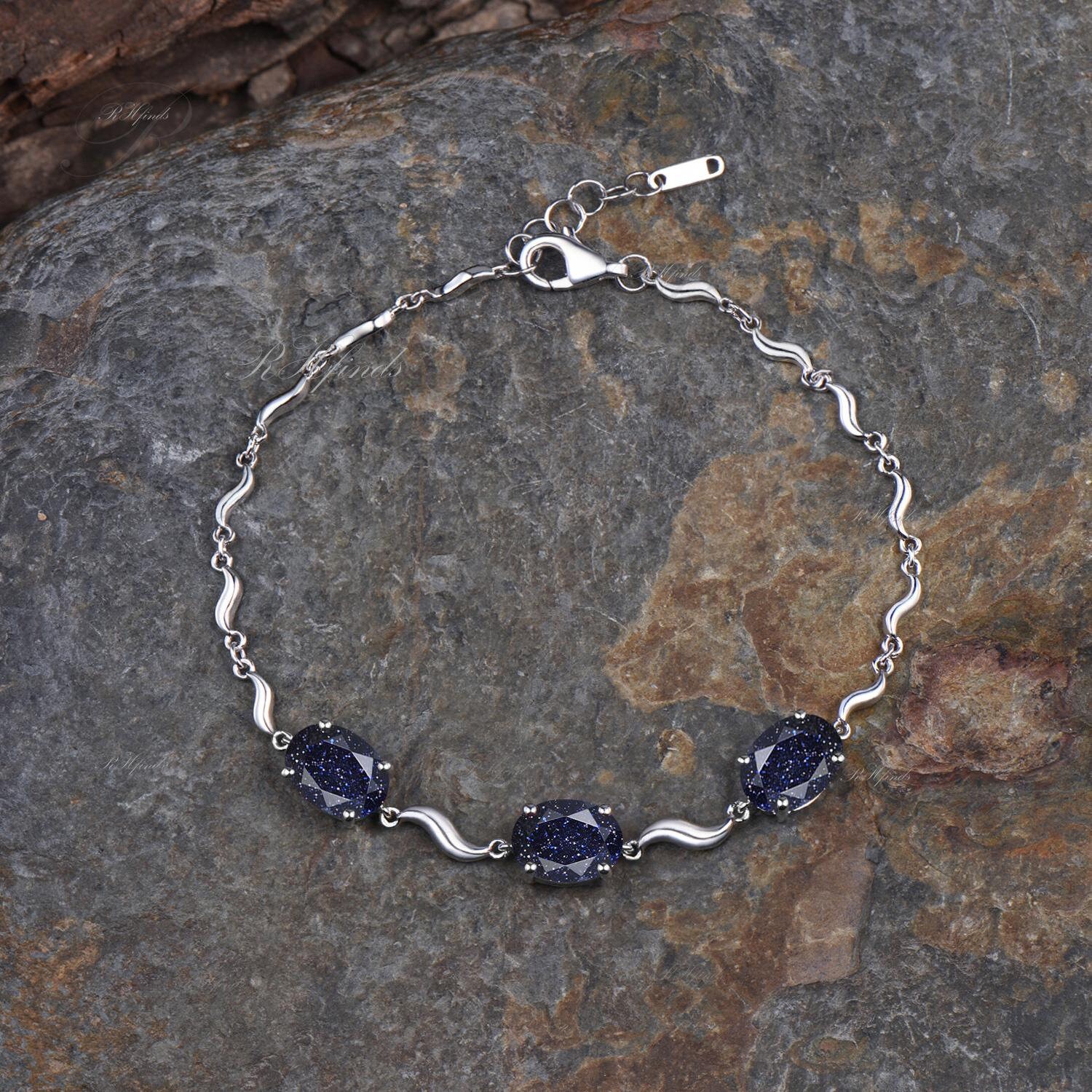 Minimalist Oval Cut Galaxy Blue Sandstone Bracelet Delicate Three Stone Bracelet Unique East To West Healing Jewelry Anniversary Bracelet