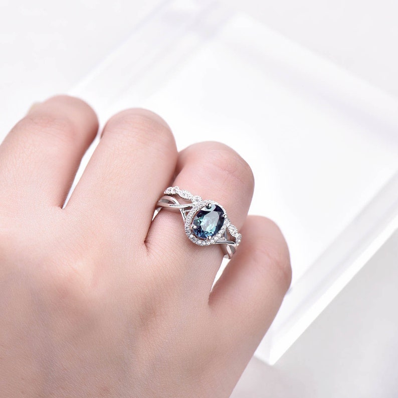 Alexandrite Engagement Ring Unique Vintage Infinity Wedding Ring Set 6x8mm Oval June Birthstone Art Deco Diamond Wedding Band 14K White Gold