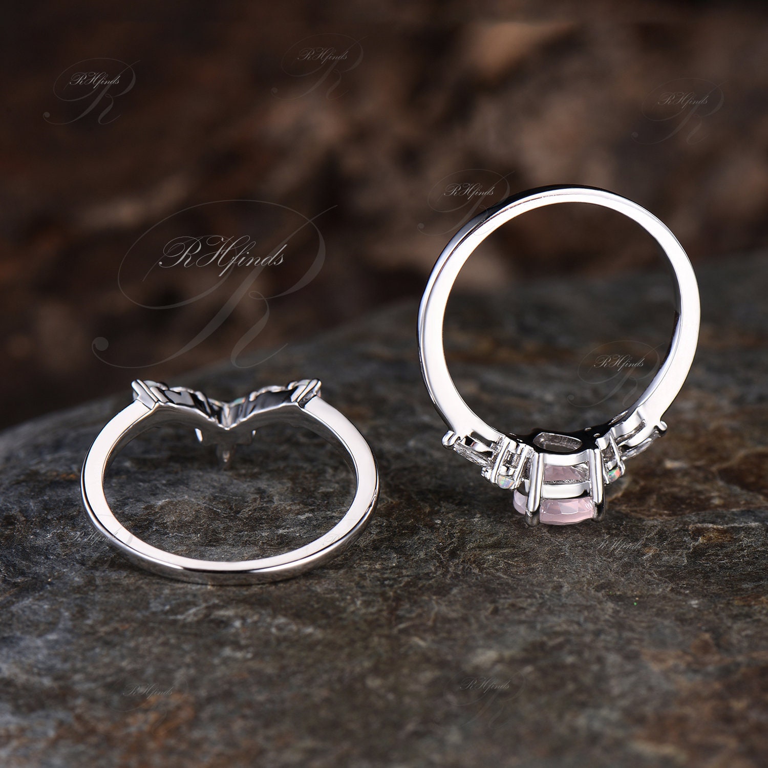 Unique Pear Cut Natural Rose Quartz Engagement Ring Set Vintage Pink ...
