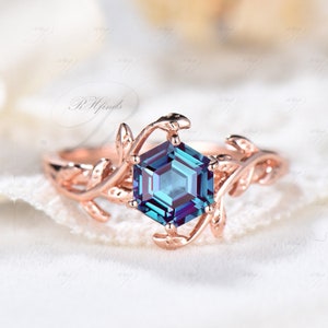 Hexagon Alexandrite Ring Art Deco Leaves Unique Color Changing Stone June Birthstone 14K Rose Gold Promise Ring for Women Anniversary Gifts