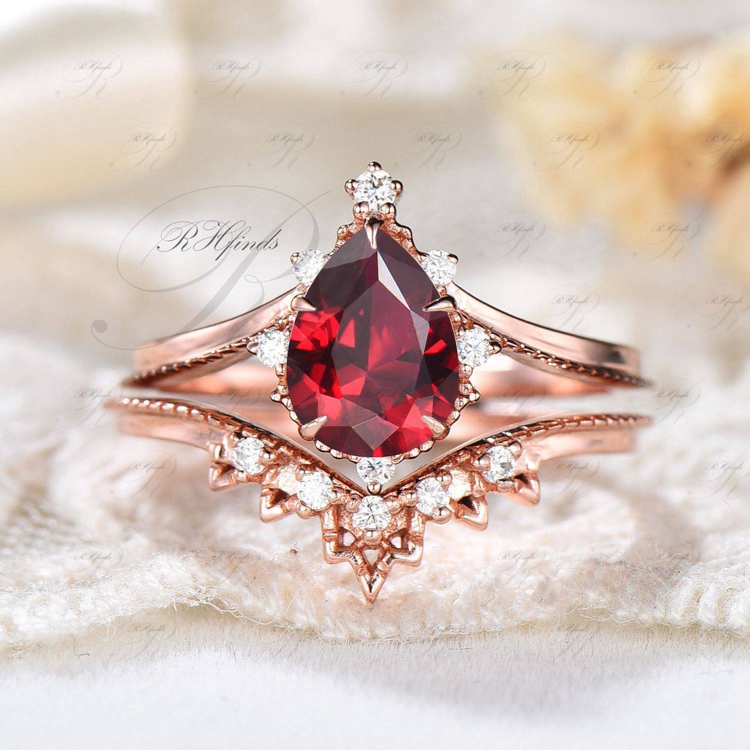 Teardrop Ruby Ring Set 6x8mm Ruby Engagement Ring Sterling Silver Rose ...