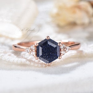 Hexagon Blue Sandstone Engagement Ring Vintage 6 Prongs CZ Cluster Diamonds 925 Sterling Silver Promise Rings Galaxy Sandstone Jewlelry