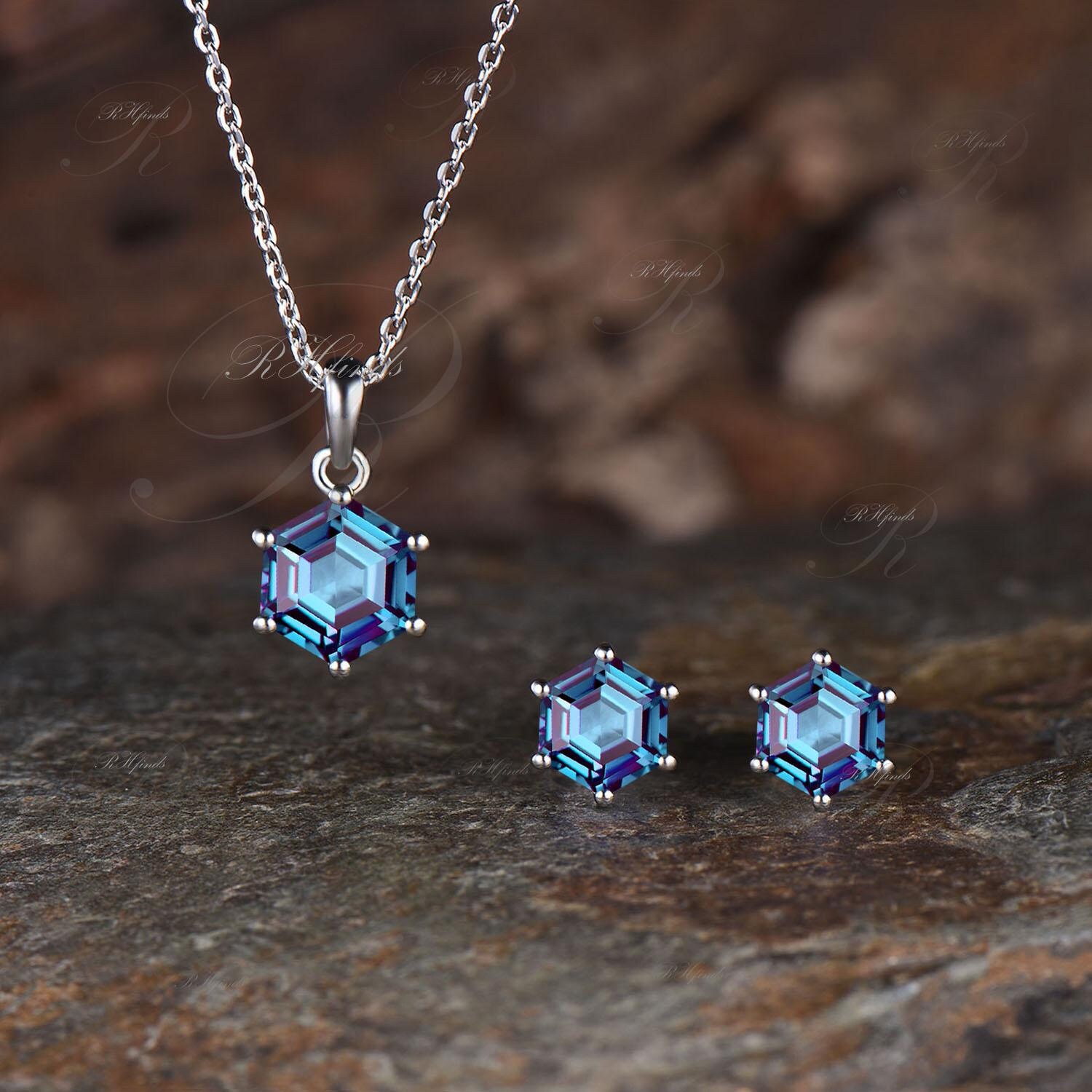 Unique Hexagon Cut June Birthstone Alexandrite Jewelry Set Minimalist Solitaire Necklace Dainty Color Change Stone Alexandrite Stud Earrings