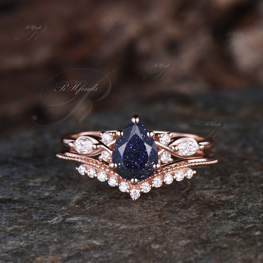 Vintage Pear Cut Blue Sandstone Engagement Ring Set Solid Rose