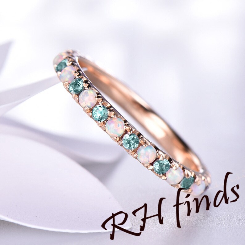Opal Wedding Band Art Deco Alexandrite Bridal Wedding Band Full Eternity Wedding Band Color Changed Stones in 14K Rose Gold Birthstone Ring