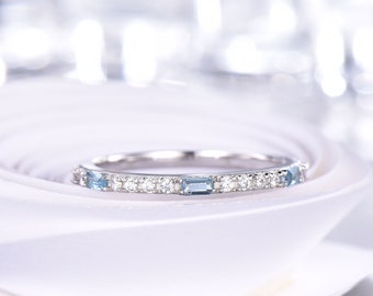 Blauwe topaas trouwring halve eeuwigheid diamanten trouwring 14K witgouden verjaardagscadeaus voor haar stapelen bijpassende band