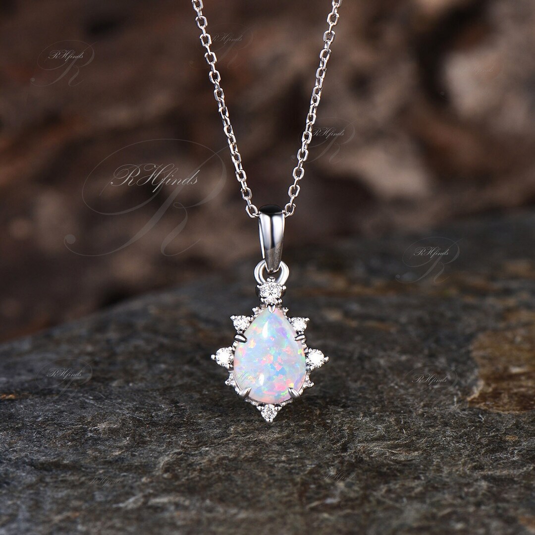 Minimalist Pear Cut White Opal Necklace Unique October Birthstone