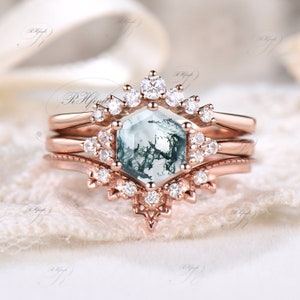 Art Deco Moss Agate Ring Set Unique Hexagon Cut Natural Moss Agate Engagement Ring Set Vintage Rose Gold Round Moissanite Wedding Ring Women