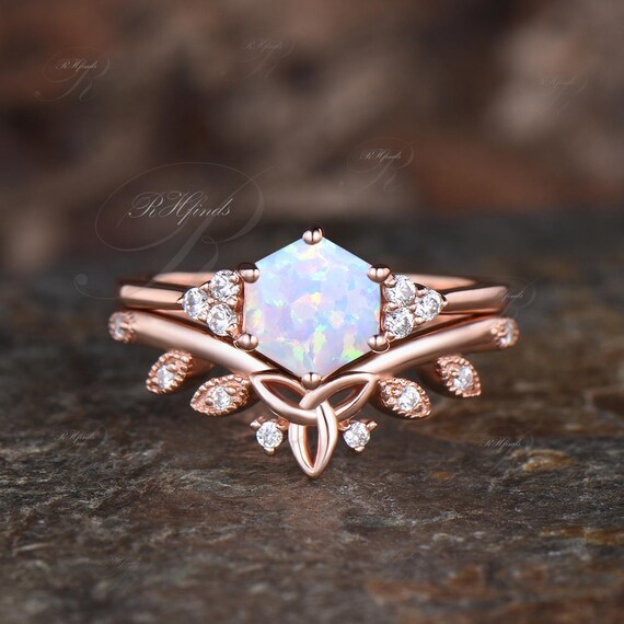 Hexagon Cut White Opal Engagement Ring Set Vintage Celtic Knot