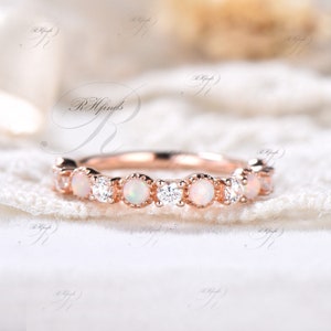 Opal Moissanite Wedding Band Rose Gold Half Eternity Band October Birthstone Opal Wedding Band Matching Band Anniversary Gift for Her