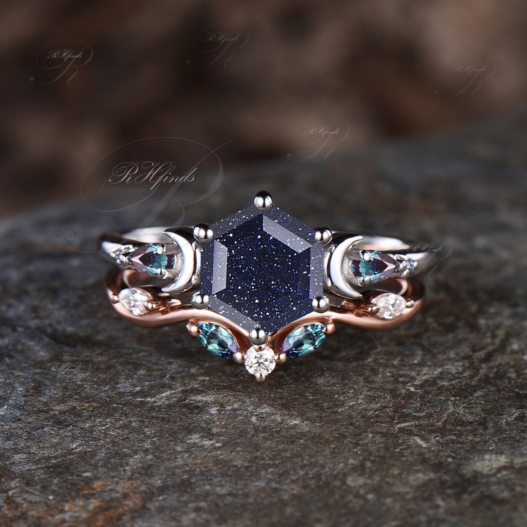 Galaxy Hexagon Cut Blue Sandstone Engagement Ring Set Unique - Etsy