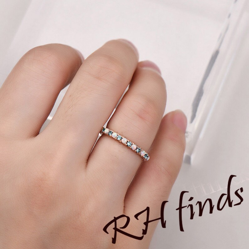 Opal Wedding Band Art Deco Alexandrite Bridal Wedding Band Full Eternity Wedding Band Color Changed Stones in 14K Rose Gold Birthstone Ring