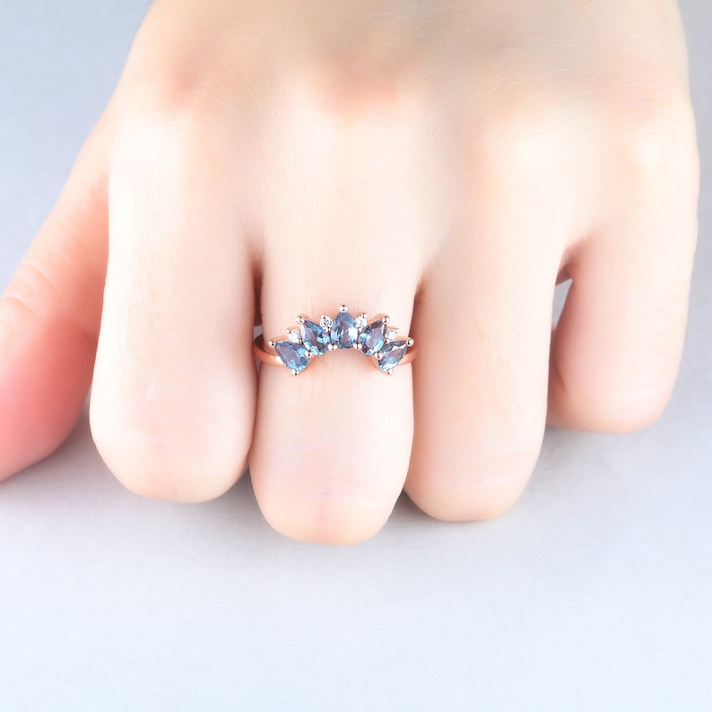 Matching band Curved wedding ring Alexandrite diamond ring Vintage Women Jewelry Unique Stacking ring Alexandrite wedding band