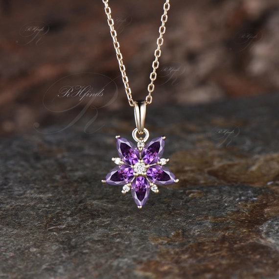 Minimalist Pear Cut Natural Amethyst Necklace Unique 14k Yellow Gold Star Halo Pendant Delicate February Birthstone Purple Crystal Necklace