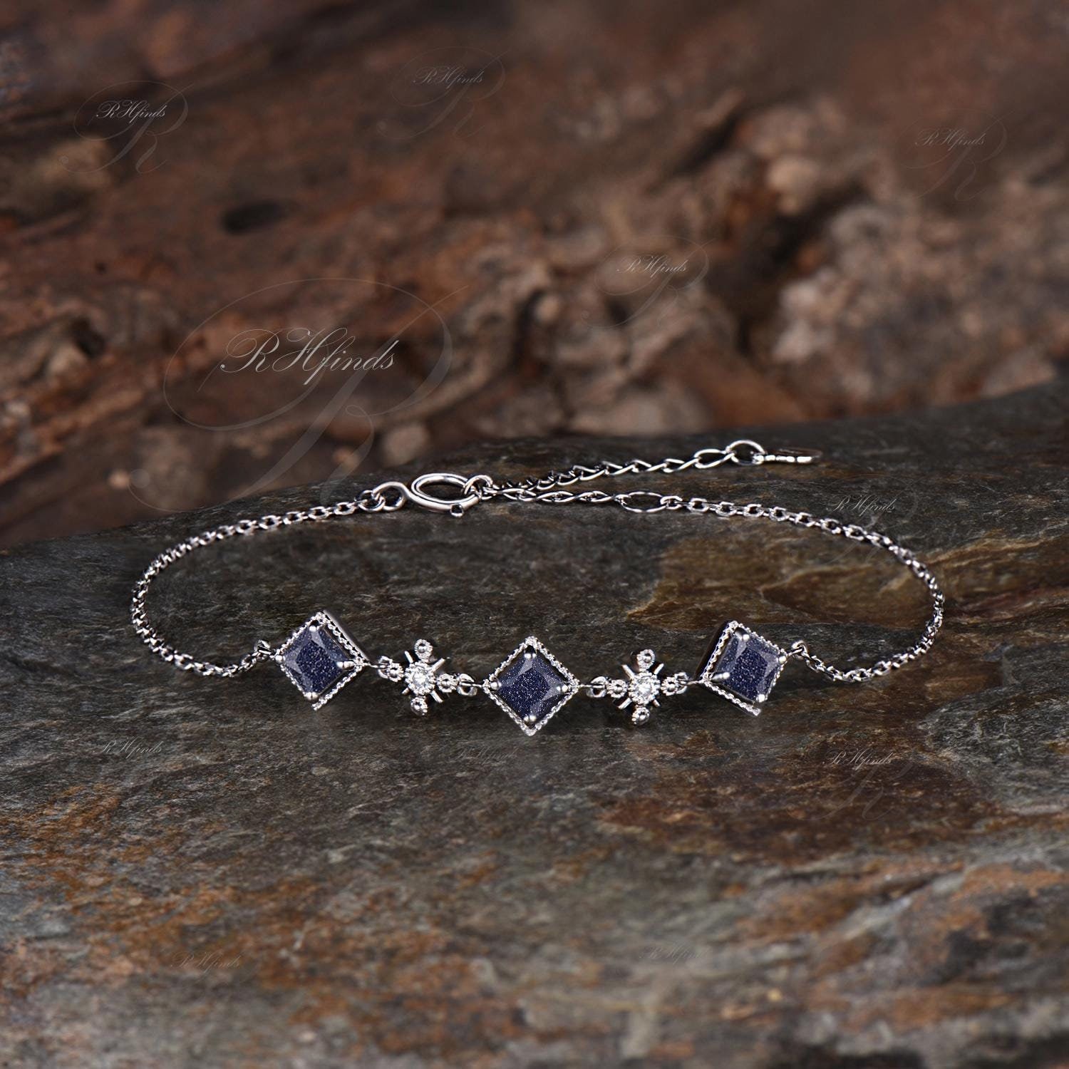 Galaxy Princess Cut Blue Sandstone Bracelet Dainty 14k White Gold Five Stone Bracelet Milgrain Healing Jewelry Starry Sky Promise Bracelet