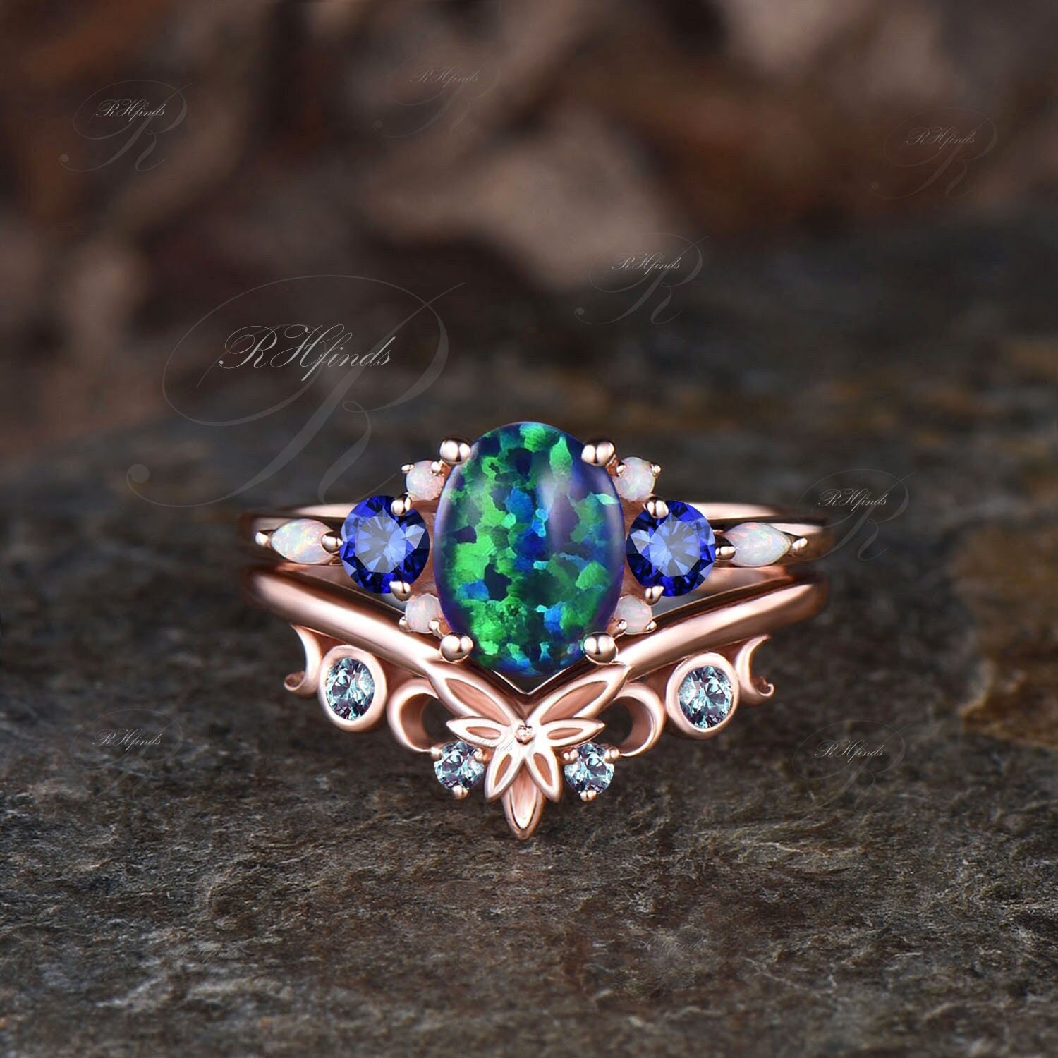 Unique Oval Cut Black Opal Engagement Ring Blue Sapphire