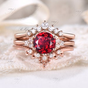 Unique Ruby Engagement Ring Set Art Deco Round Moissanite Halo Seven Stone Wedding Ring Nesting Curved Wedding Band 3pcs Bridal Ring Set