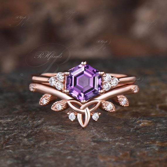 Art Deco Hexagon Cut Natural Amethyst Engagement Ring Set Unique - Main Image